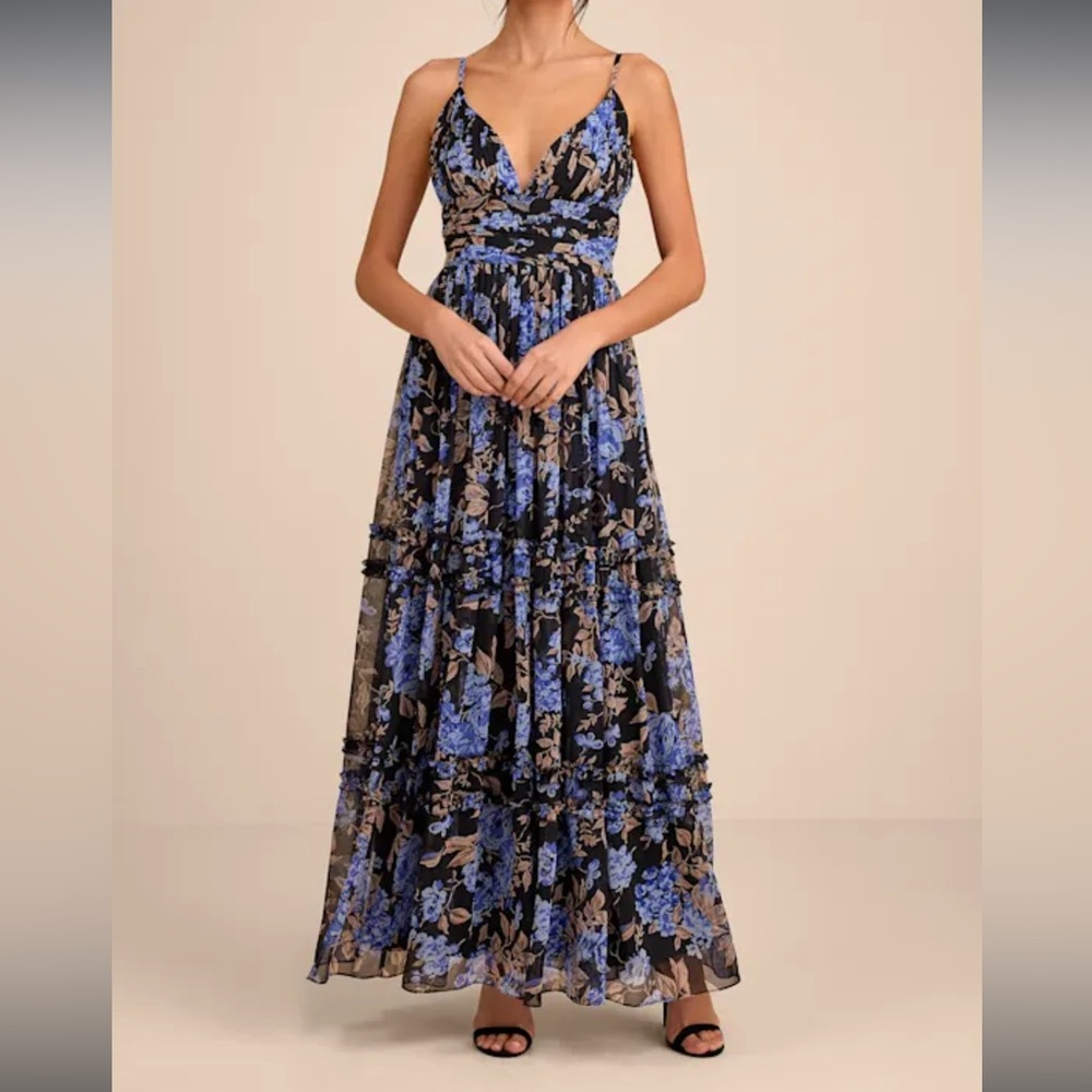 Lulus Niora Black And Blue Floral Pleated Maxi Dress - Size L